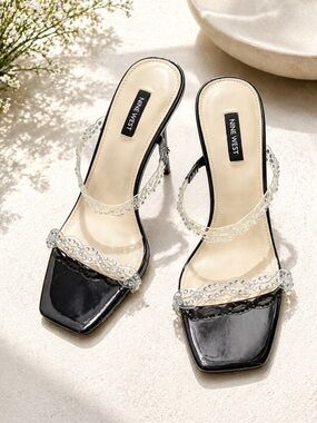 Nine West Black Patent Heeled Sandals with Crystal Straps